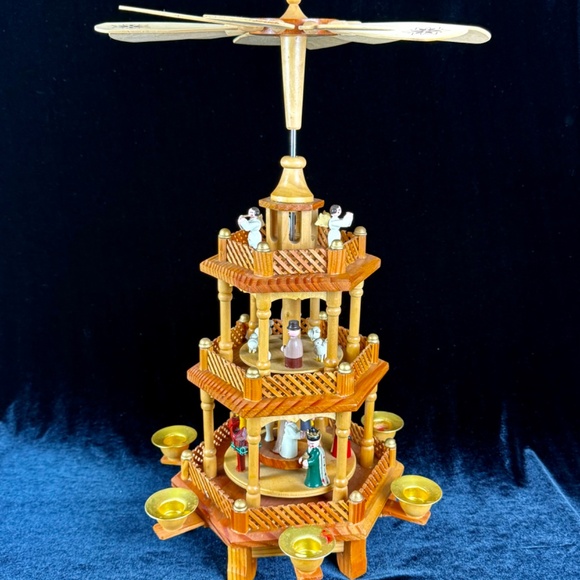 Vintage 3 Tier Christmas Nativity Carousel 20in Spinning Wooden Candle Pyramid - Picture 1 of 15
